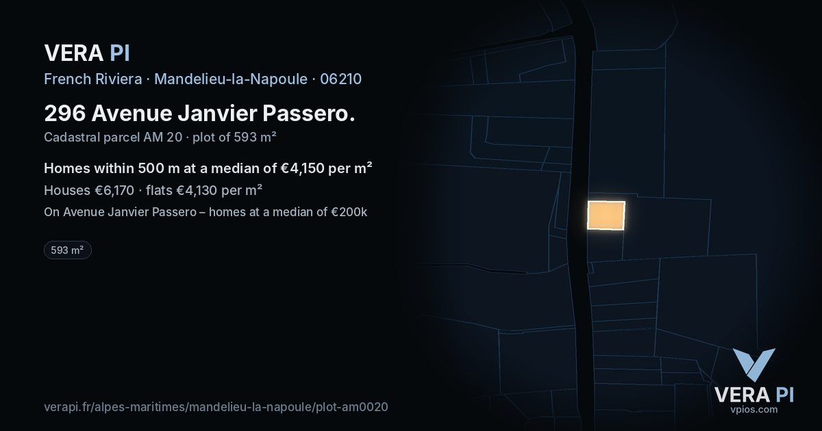 296 Avenue Janvier Passero, Mandelieu-la-Napoule at night – the plot lit, the parcels around coloured by the prices near them