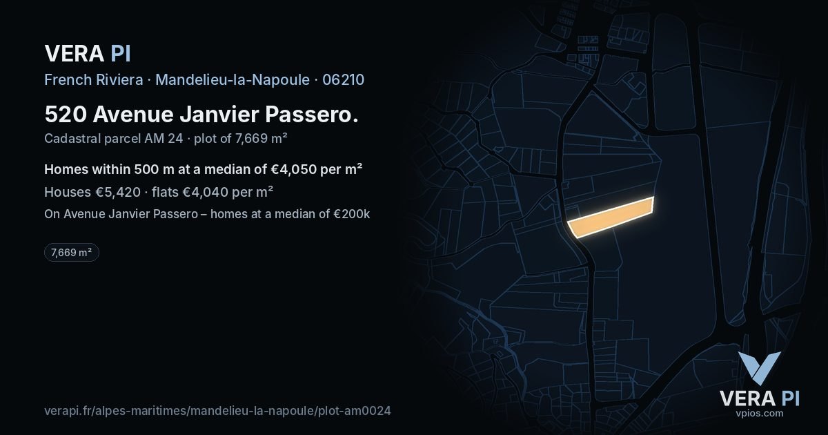 520 Avenue Janvier Passero, Mandelieu-la-Napoule at night – the plot lit, the parcels around coloured by the prices near them