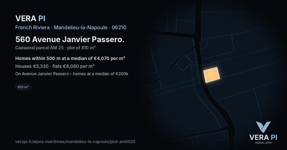 560 Avenue Janvier Passero, Mandelieu-la-Napoule at night – the plot lit, the parcels around coloured by the prices near them