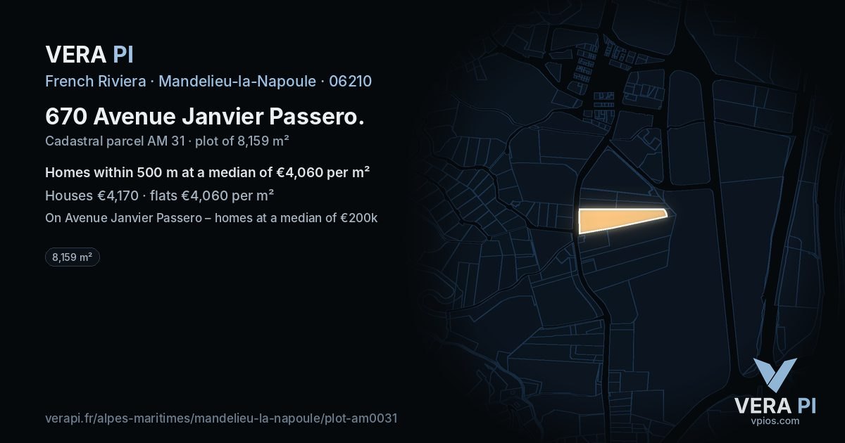 670 Avenue Janvier Passero, Mandelieu-la-Napoule at night – the plot lit, the parcels around coloured by the prices near them