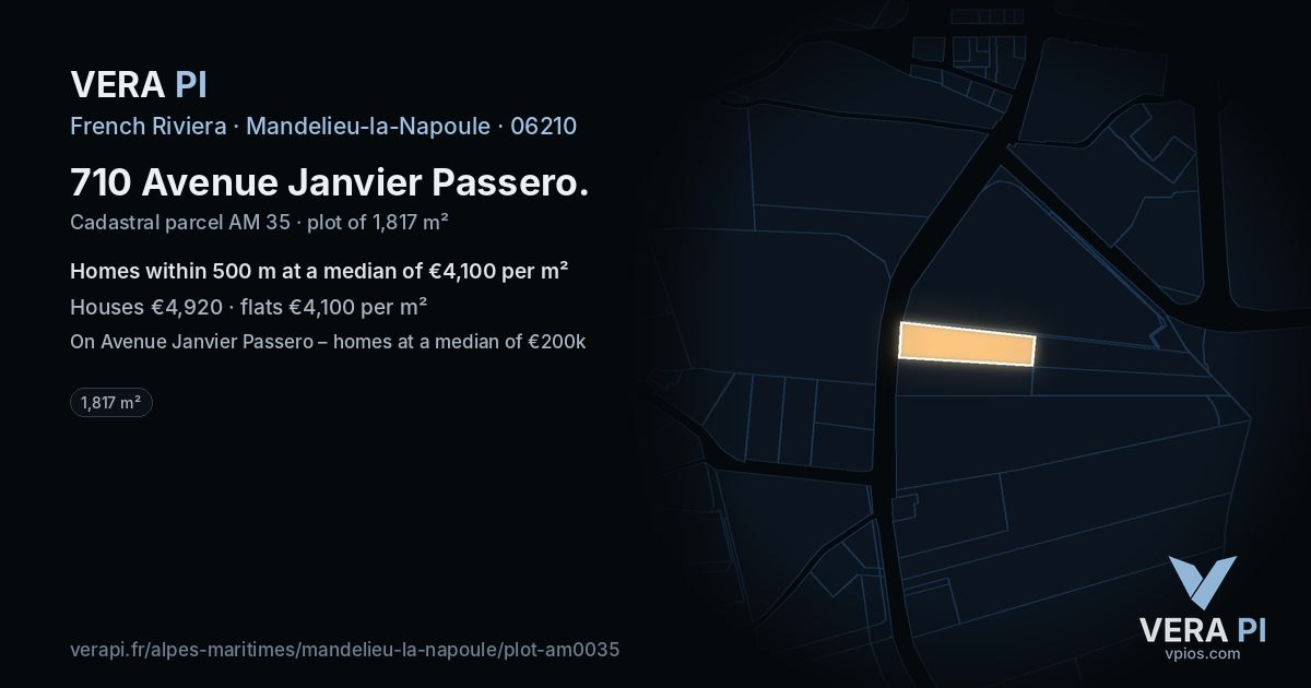 710 Avenue Janvier Passero, Mandelieu-la-Napoule at night – the plot lit, the parcels around coloured by the prices near them