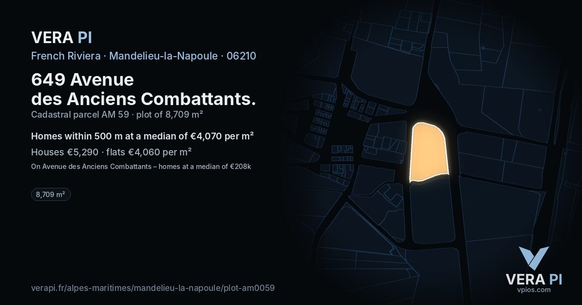 649 Avenue des Anciens Combattants, Mandelieu-la-Napoule at night – the plot lit, the parcels around coloured by the prices near them