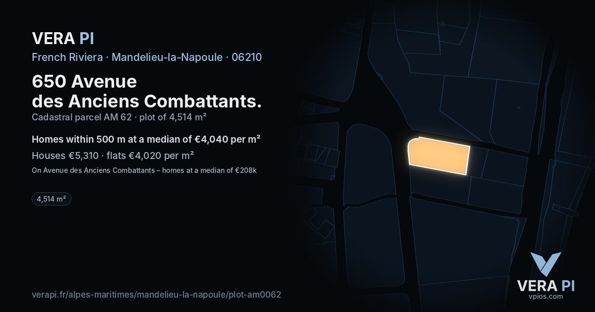 650 Avenue des Anciens Combattants, Mandelieu-la-Napoule at night – the plot lit, the parcels around coloured by the prices near them
