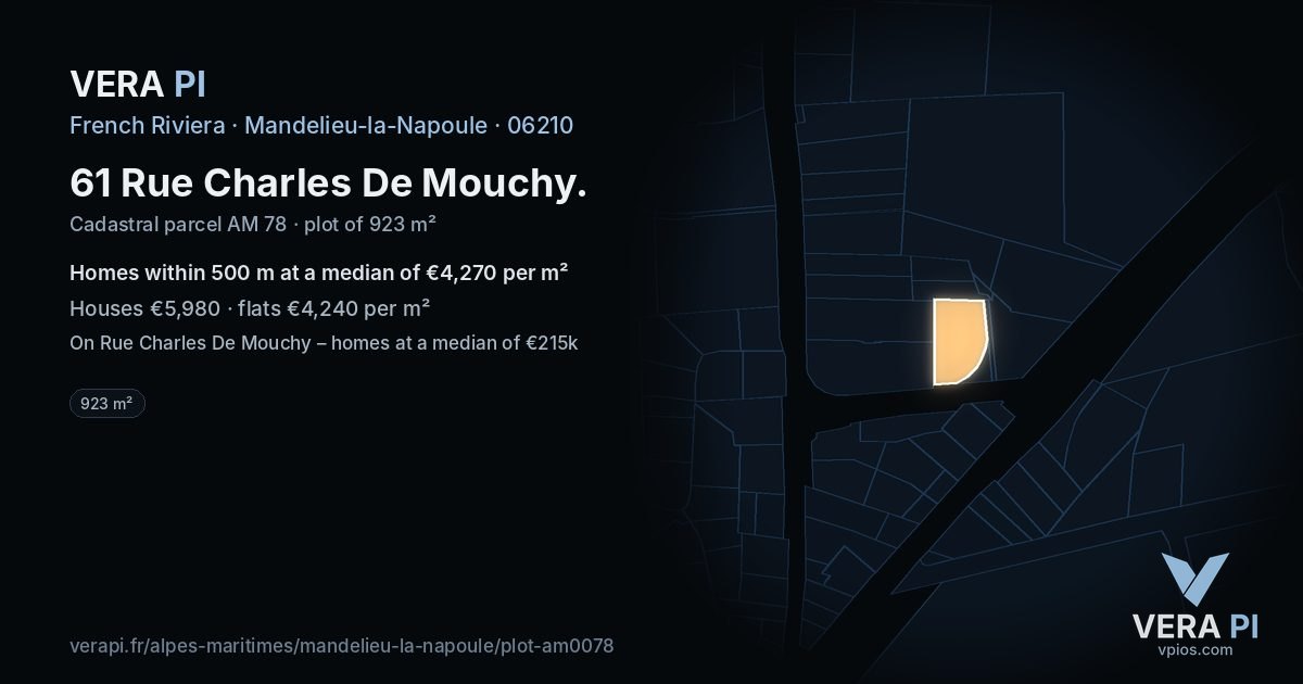 61 Rue Charles De Mouchy, Mandelieu-la-Napoule at night – the plot lit, the parcels around coloured by the prices near them