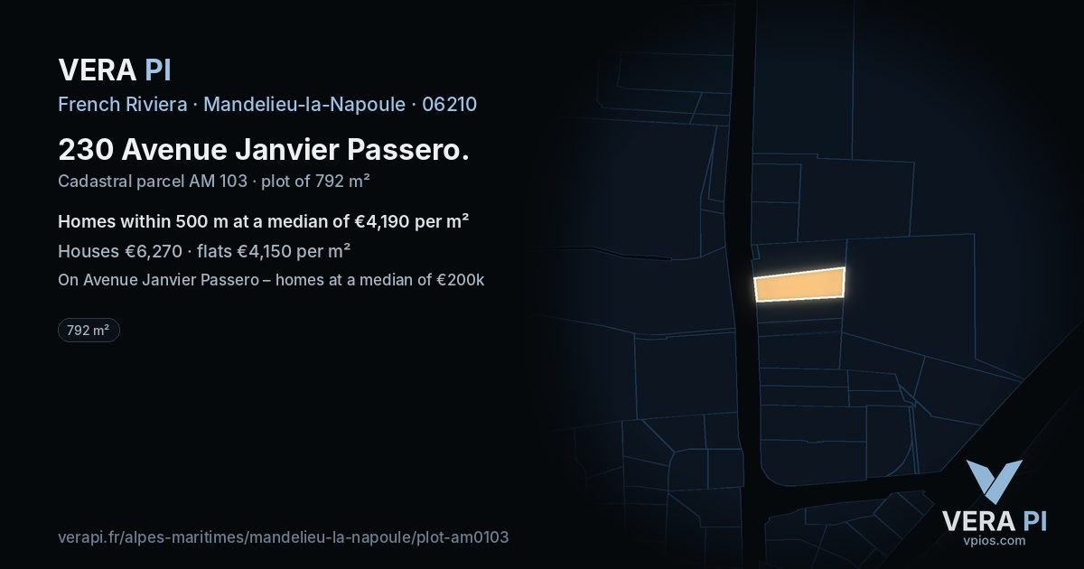 230 Avenue Janvier Passero, Mandelieu-la-Napoule at night – the plot lit, the parcels around coloured by the prices near them