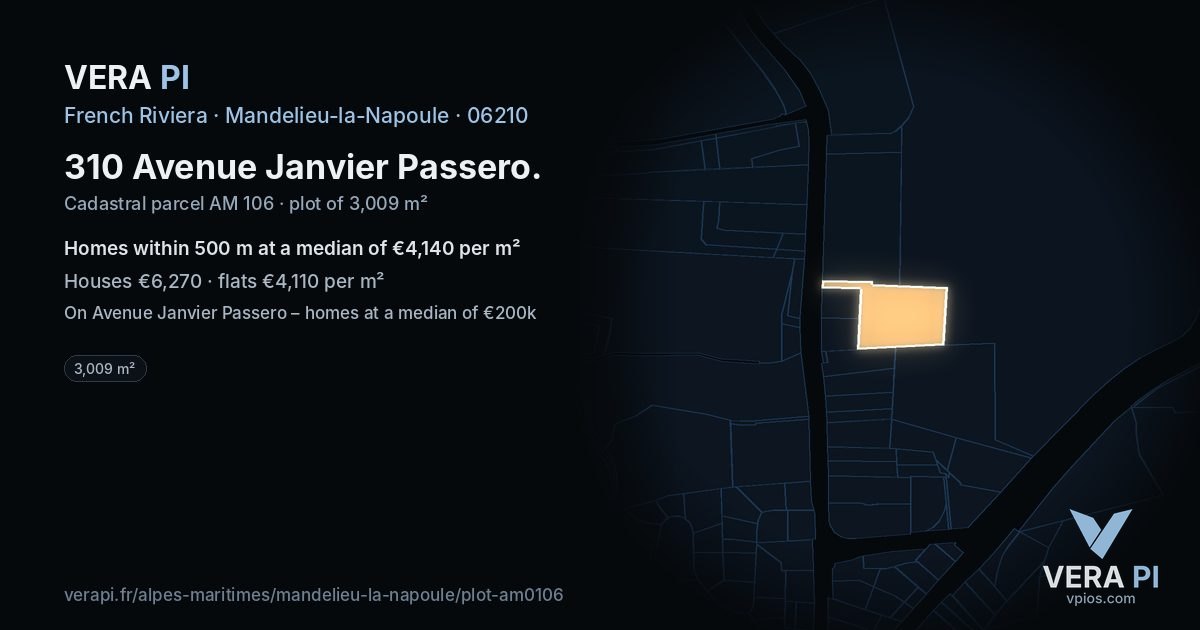 310 Avenue Janvier Passero, Mandelieu-la-Napoule at night – the plot lit, the parcels around coloured by the prices near them