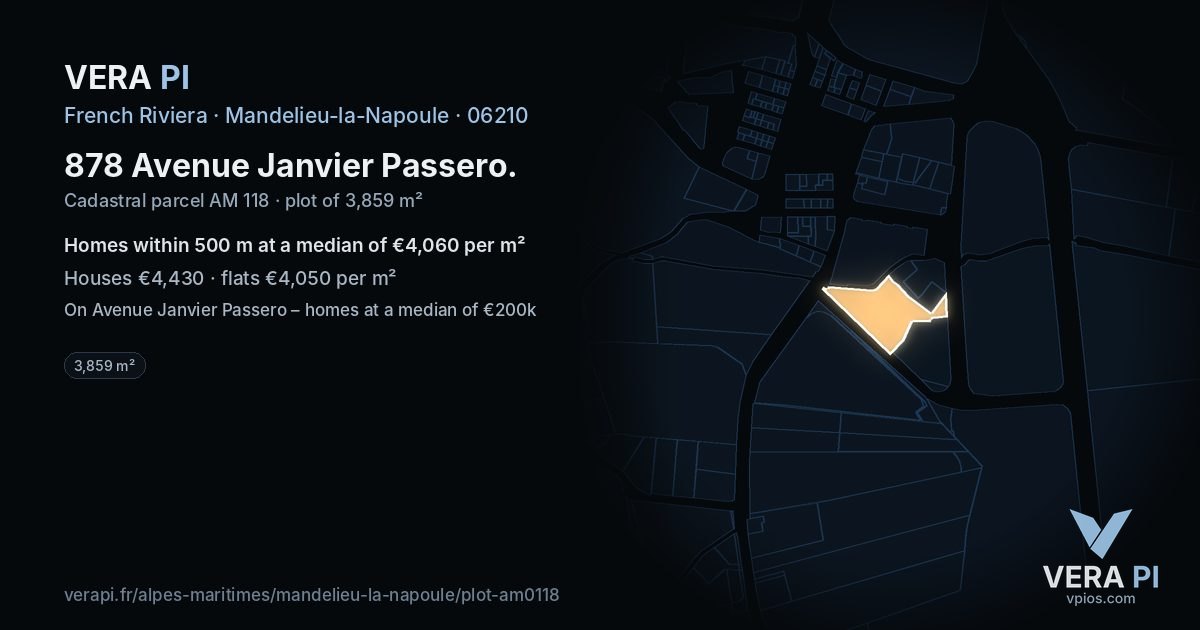 878 Avenue Janvier Passero, Mandelieu-la-Napoule at night – the plot lit, the parcels around coloured by the prices near them