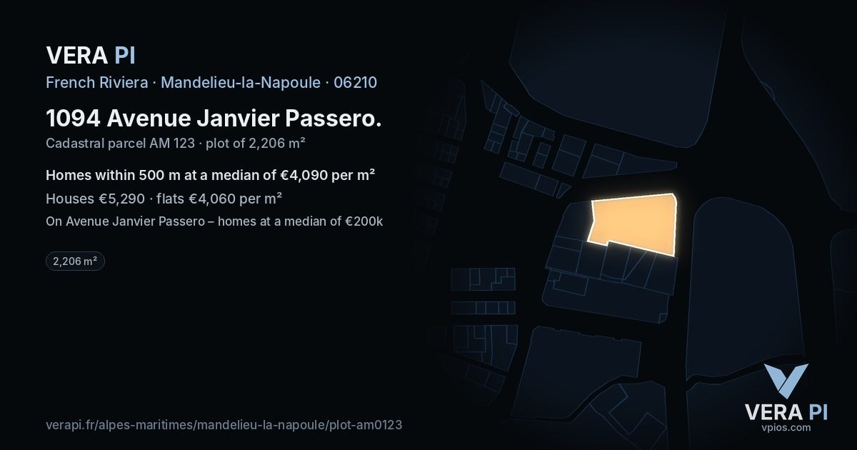 1094 Avenue Janvier Passero, Mandelieu-la-Napoule at night – the plot lit, the parcels around coloured by the prices near them