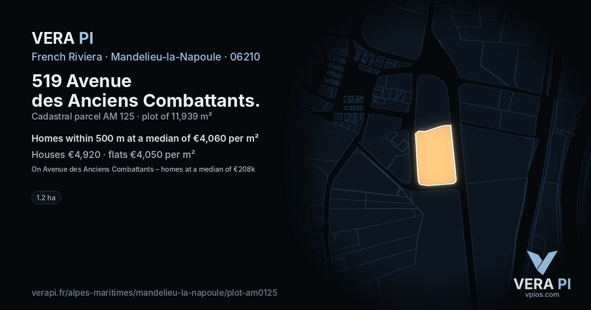 519 Avenue des Anciens Combattants, Mandelieu-la-Napoule at night – the plot lit, the parcels around coloured by the prices near them