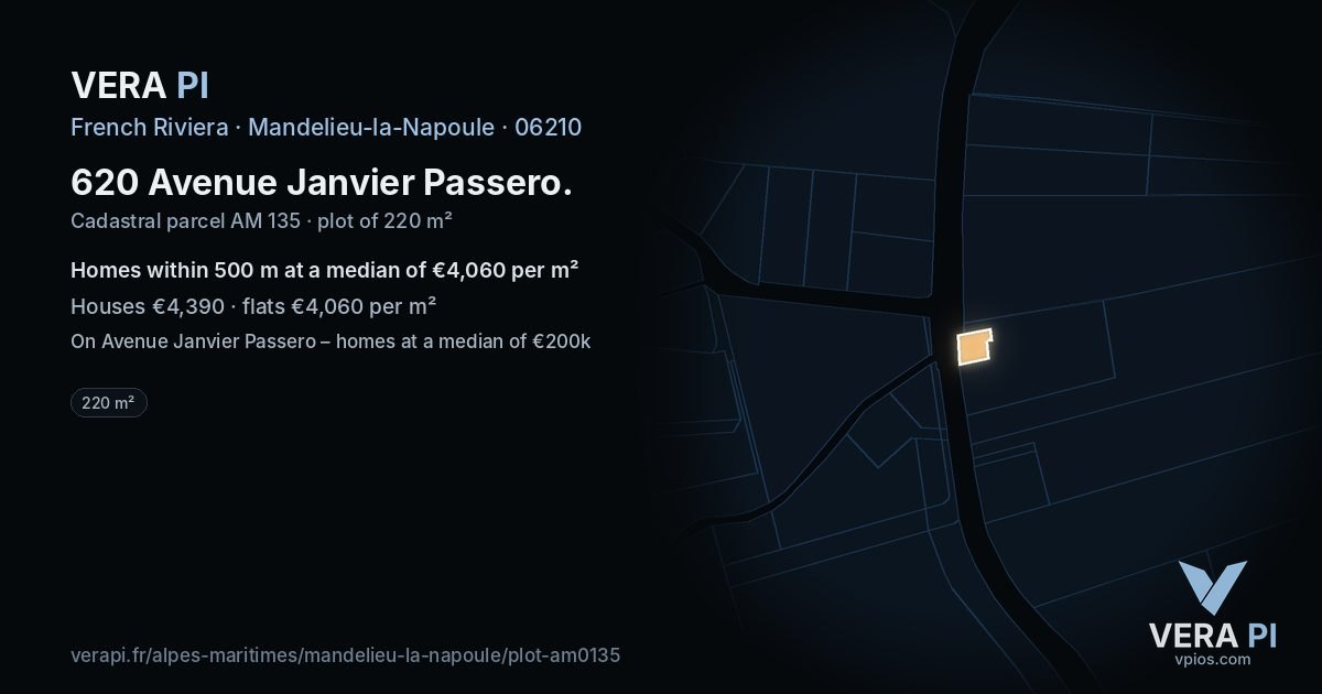 620 Avenue Janvier Passero, Mandelieu-la-Napoule at night – the plot lit, the parcels around coloured by the prices near them
