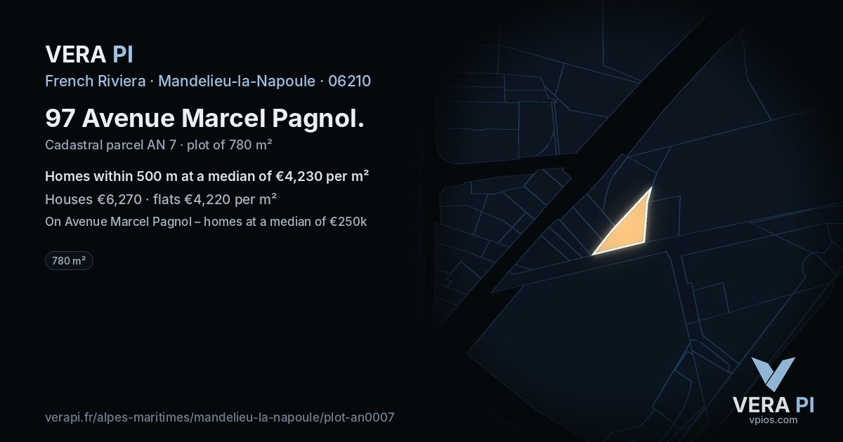 97 Avenue Marcel Pagnol, Mandelieu-la-Napoule at night – the plot lit, the parcels around coloured by the prices near them