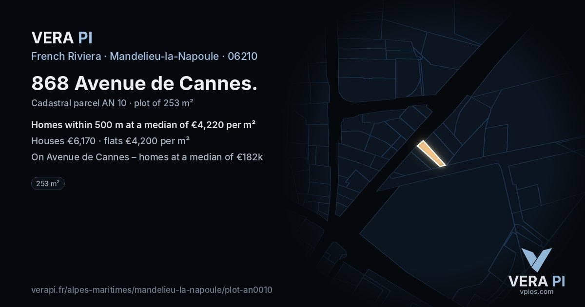 868 Avenue de Cannes, Mandelieu-la-Napoule at night – the plot lit, the parcels around coloured by the prices near them