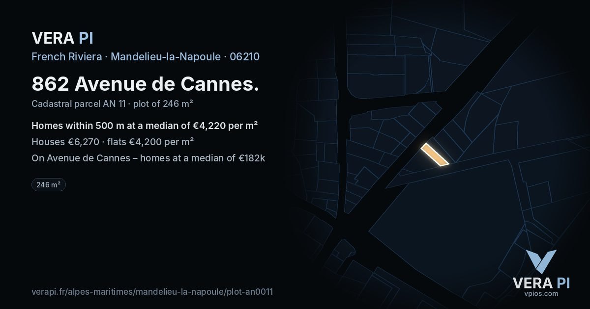 862 Avenue de Cannes, Mandelieu-la-Napoule at night – the plot lit, the parcels around coloured by the prices near them