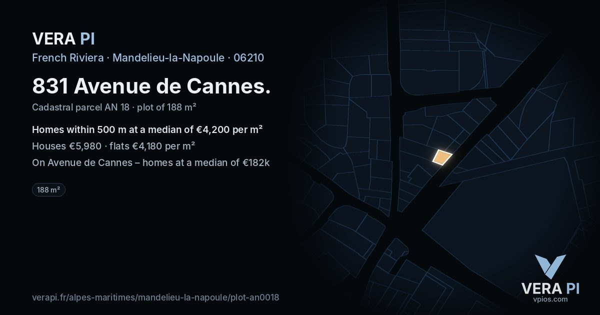 831 Avenue de Cannes, Mandelieu-la-Napoule at night – the plot lit, the parcels around coloured by the prices near them