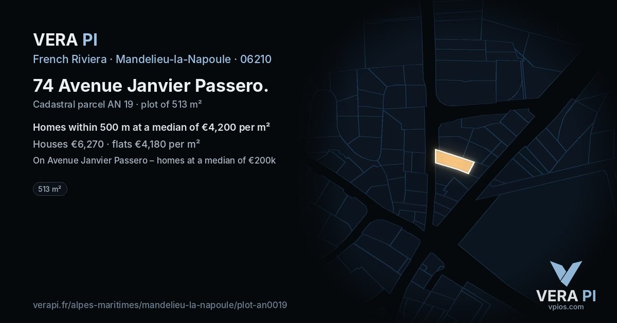 74 Avenue Janvier Passero, Mandelieu-la-Napoule at night – the plot lit, the parcels around coloured by the prices near them