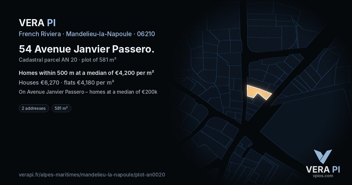 54 Avenue Janvier Passero, Mandelieu-la-Napoule at night – the plot lit, the parcels around coloured by the prices near them