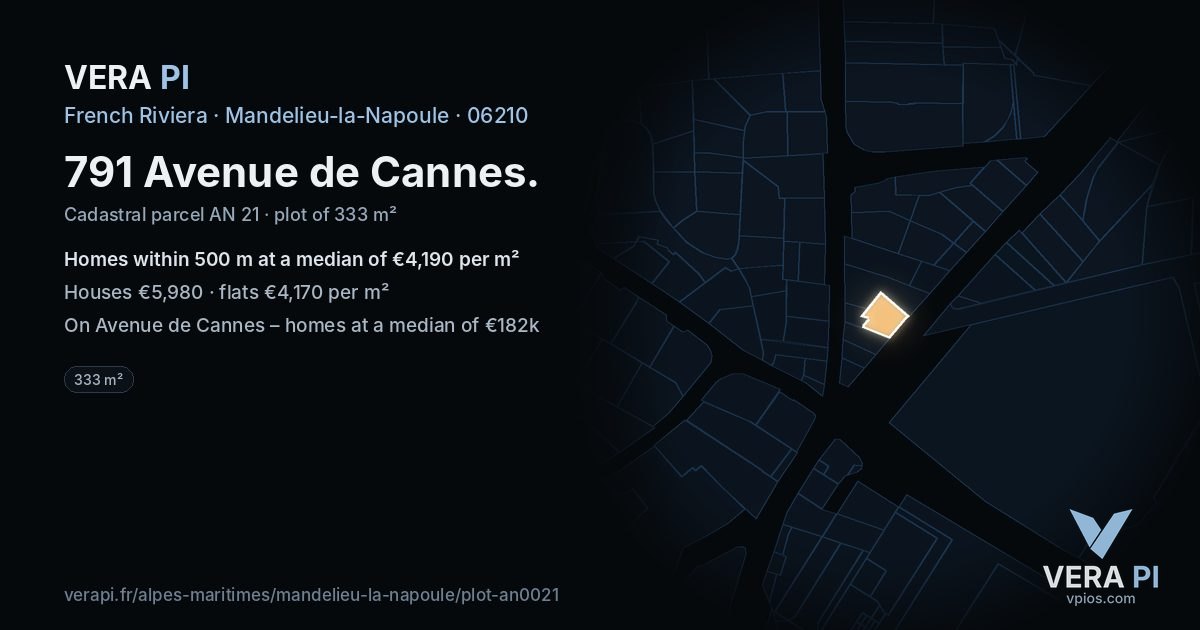 791 Avenue de Cannes, Mandelieu-la-Napoule at night – the plot lit, the parcels around coloured by the prices near them