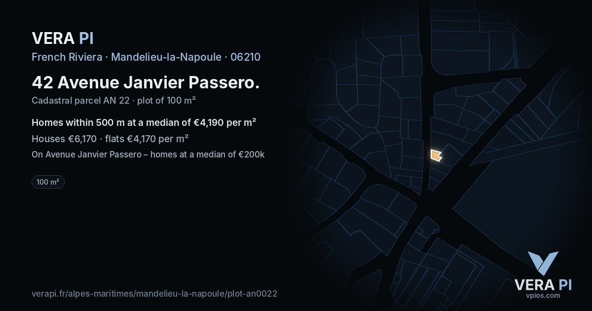 42 Avenue Janvier Passero, Mandelieu-la-Napoule at night – the plot lit, the parcels around coloured by the prices near them