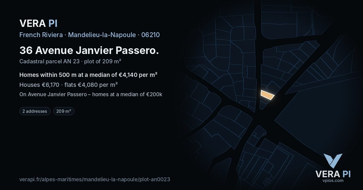 36 Avenue Janvier Passero, Mandelieu-la-Napoule at night – the plot lit, the parcels around coloured by the prices near them