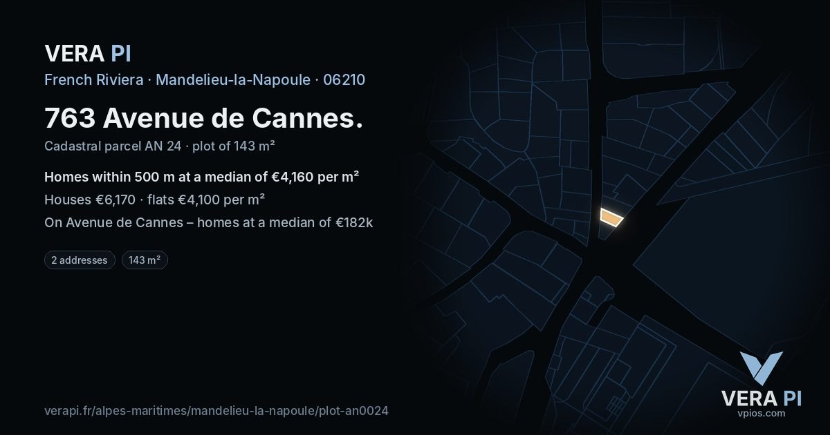 763 Avenue de Cannes, Mandelieu-la-Napoule at night – the plot lit, the parcels around coloured by the prices near them