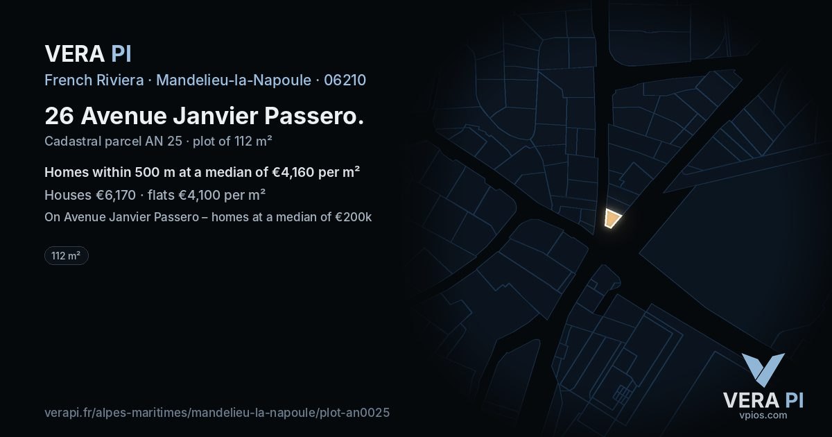 26 Avenue Janvier Passero, Mandelieu-la-Napoule at night – the plot lit, the parcels around coloured by the prices near them