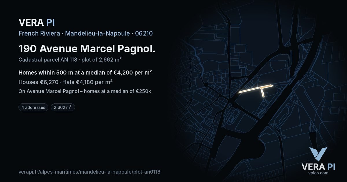 190 Avenue Marcel Pagnol, Mandelieu-la-Napoule at night – the plot lit, the parcels around coloured by the prices near them