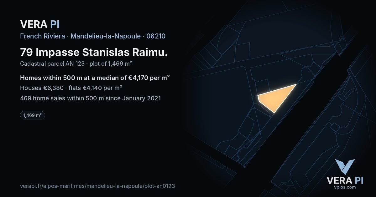 79 Impasse Stanislas Raimu, Mandelieu-la-Napoule at night – the plot lit, the parcels around coloured by the prices near them