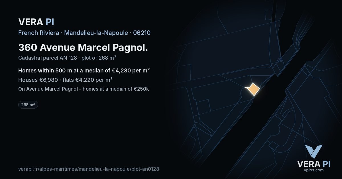 360 Avenue Marcel Pagnol, Mandelieu-la-Napoule at night – the plot lit, the parcels around coloured by the prices near them