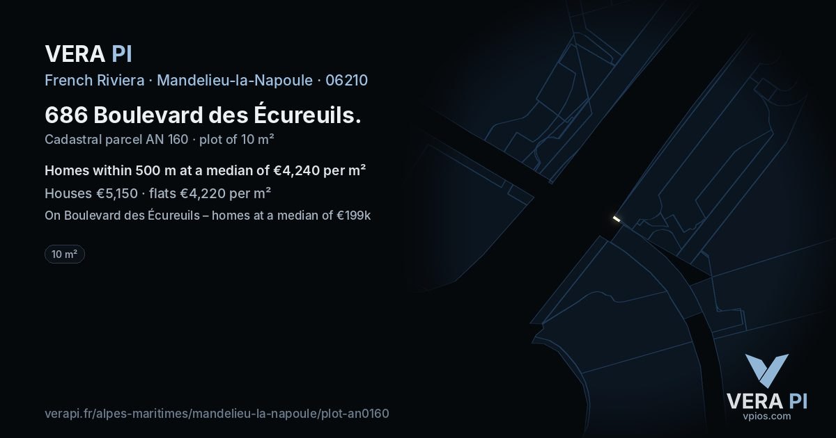 686 Boulevard des Écureuils, Mandelieu-la-Napoule at night – the plot lit, the parcels around coloured by the prices near them