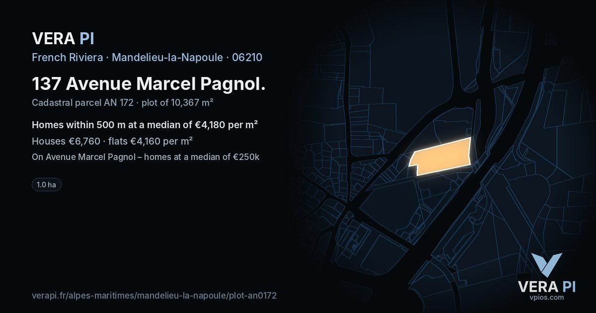 137 Avenue Marcel Pagnol, Mandelieu-la-Napoule at night – the plot lit, the parcels around coloured by the prices near them