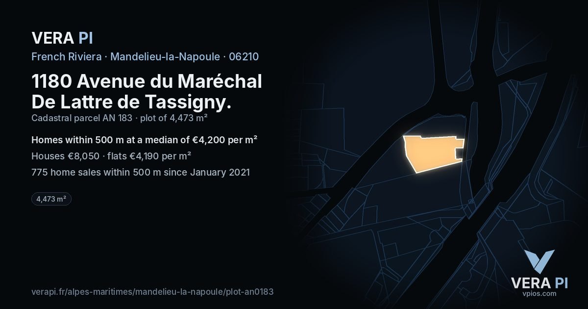 1180 Avenue du Maréchal De Lattre de Tassigny, Mandelieu-la-Napoule at night – the plot lit, the parcels around coloured by the prices near them