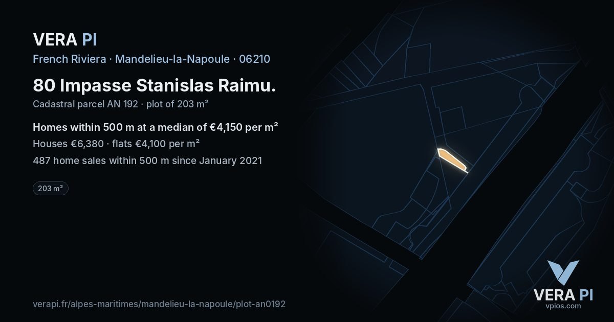 80 Impasse Stanislas Raimu, Mandelieu-la-Napoule at night – the plot lit, the parcels around coloured by the prices near them