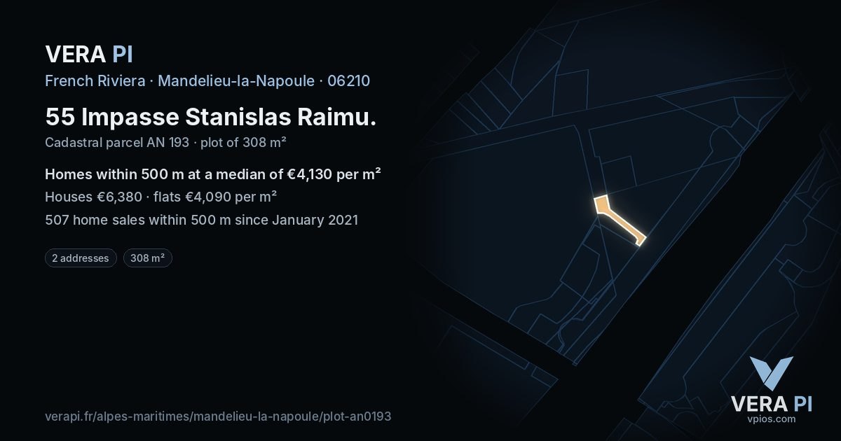 55 Impasse Stanislas Raimu, Mandelieu-la-Napoule at night – the plot lit, the parcels around coloured by the prices near them
