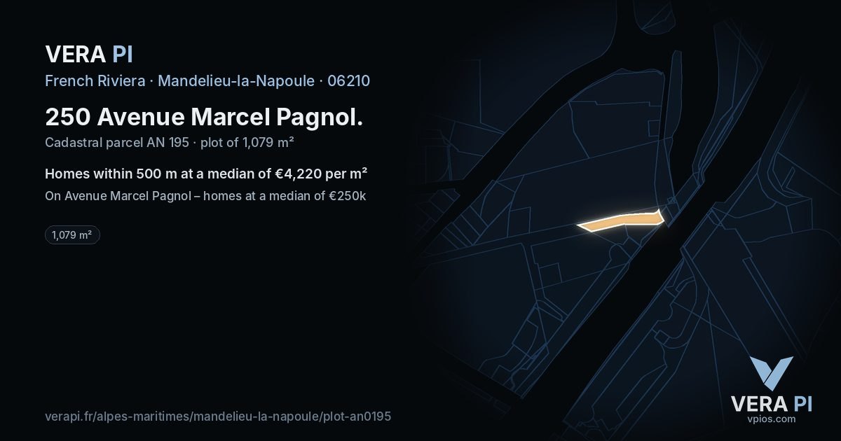 250 Avenue Marcel Pagnol, Mandelieu-la-Napoule at night – the plot lit, the parcels around coloured by the prices near them
