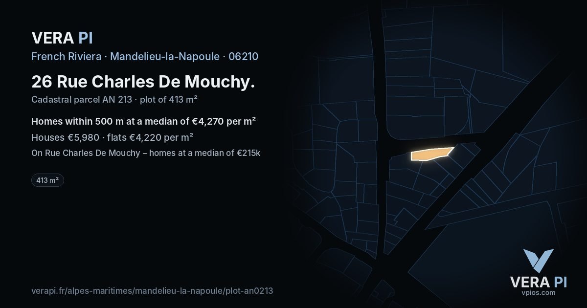 26 Rue Charles De Mouchy, Mandelieu-la-Napoule at night – the plot lit, the parcels around coloured by the prices near them