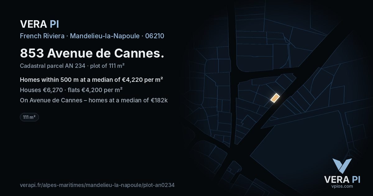 853 Avenue de Cannes, Mandelieu-la-Napoule at night – the plot lit, the parcels around coloured by the prices near them