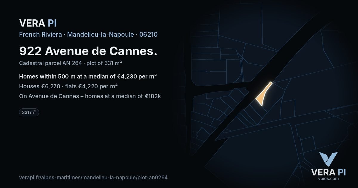 922 Avenue de Cannes, Mandelieu-la-Napoule at night – the plot lit, the parcels around coloured by the prices near them
