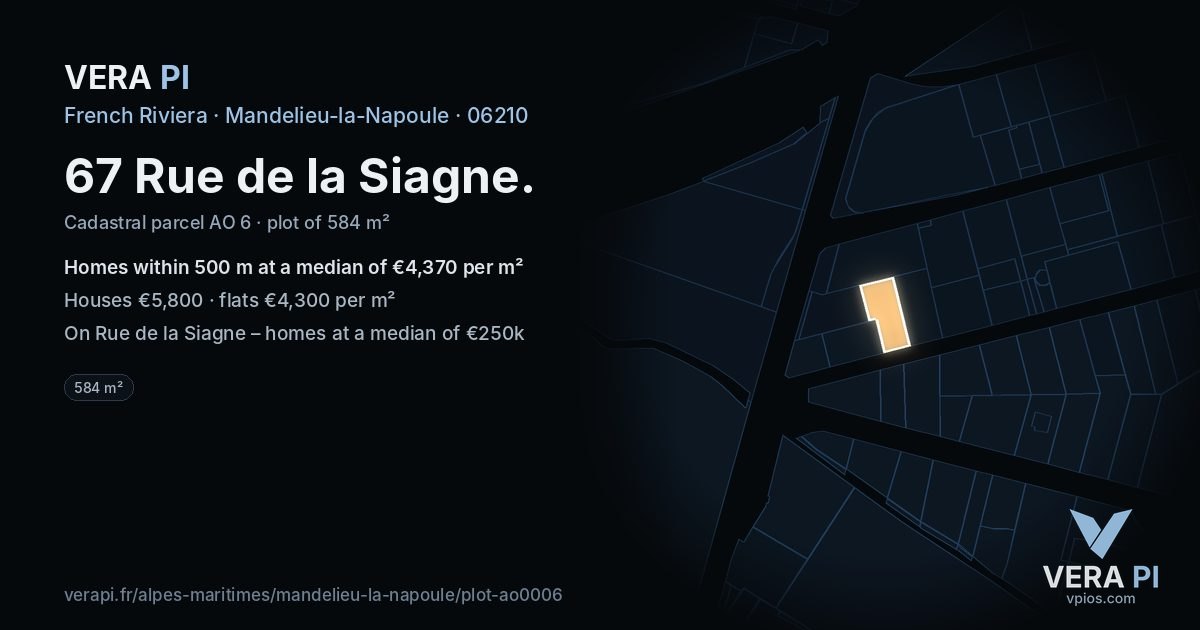 67 Rue de la Siagne, Mandelieu-la-Napoule at night – the plot lit, the parcels around coloured by the prices near them
