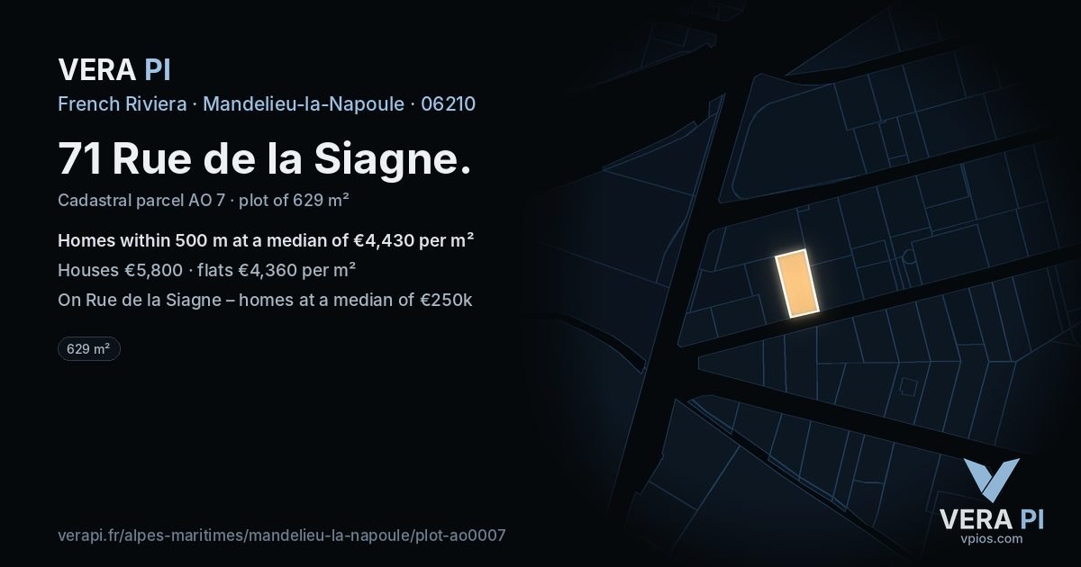 71 Rue de la Siagne, Mandelieu-la-Napoule at night – the plot lit, the parcels around coloured by the prices near them