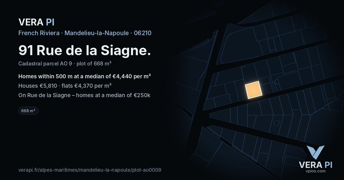 91 Rue de la Siagne, Mandelieu-la-Napoule at night – the plot lit, the parcels around coloured by the prices near them