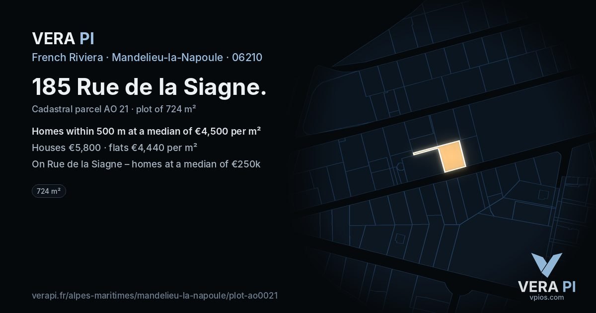 185 Rue de la Siagne, Mandelieu-la-Napoule at night – the plot lit, the parcels around coloured by the prices near them