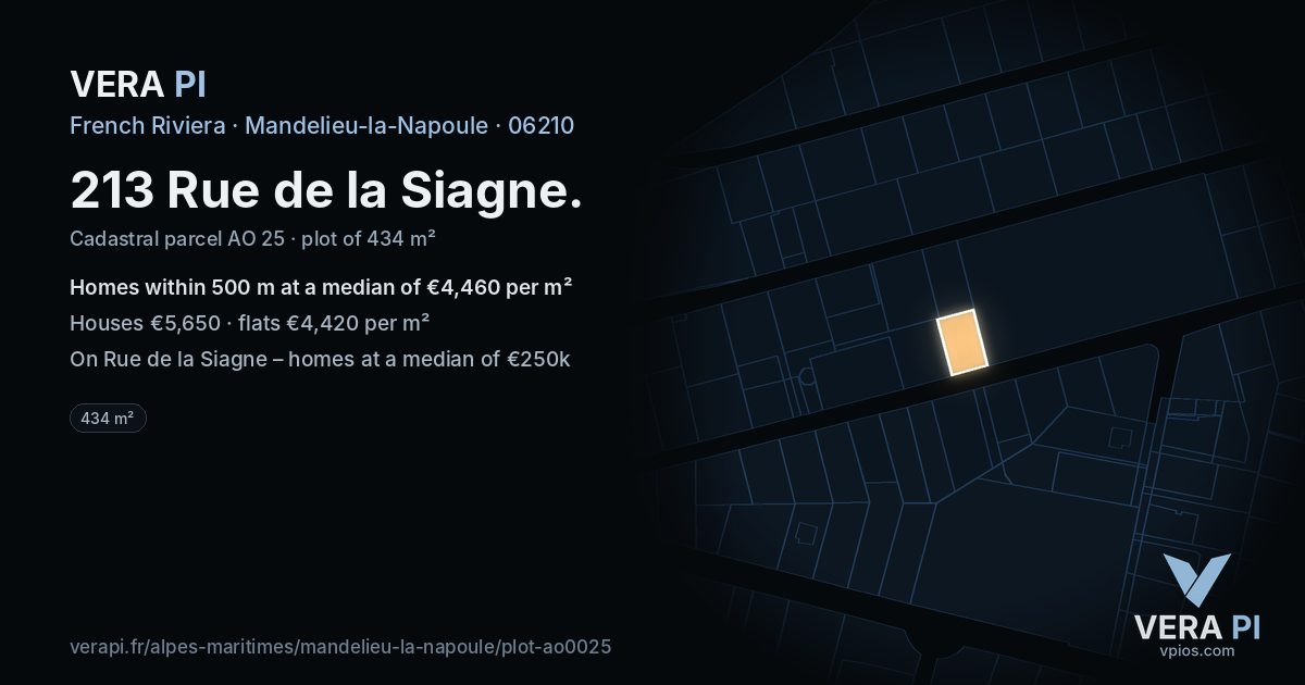 213 Rue de la Siagne, Mandelieu-la-Napoule at night – the plot lit, the parcels around coloured by the prices near them