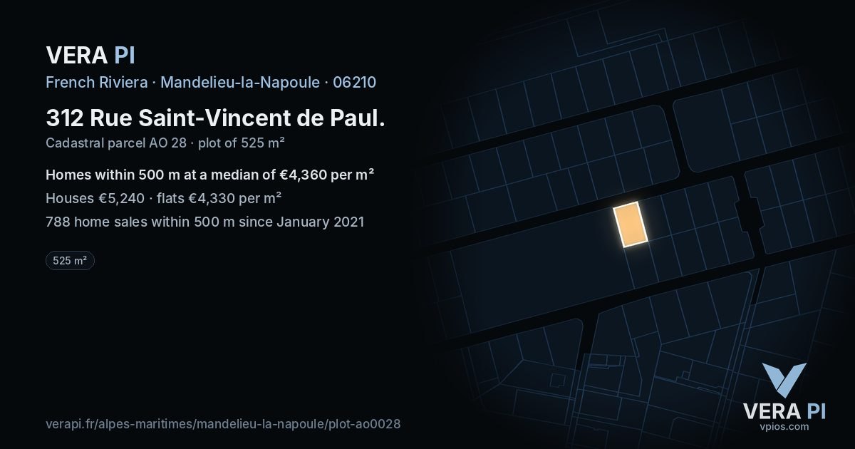 312 Rue Saint-Vincent de Paul, Mandelieu-la-Napoule at night – the plot lit, the parcels around coloured by the prices near them