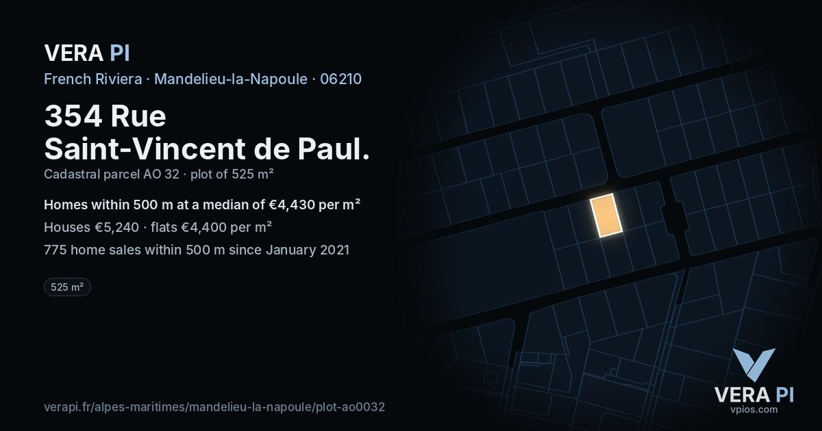 354 Rue Saint-Vincent de Paul, Mandelieu-la-Napoule at night – the plot lit, the parcels around coloured by the prices near them