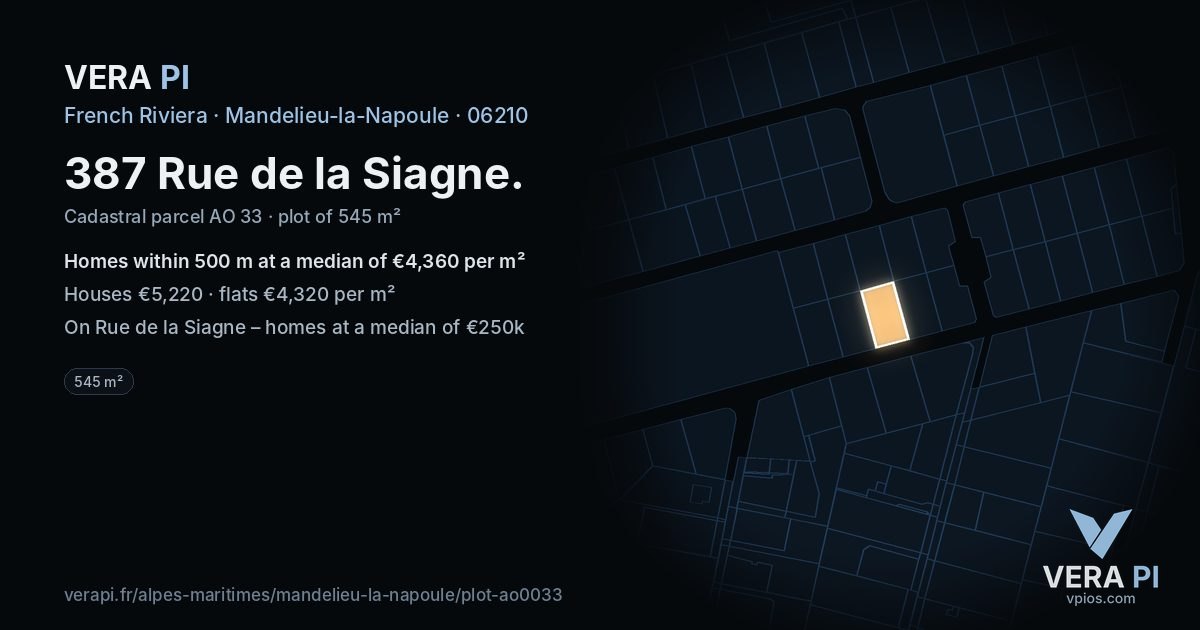 387 Rue de la Siagne, Mandelieu-la-Napoule at night – the plot lit, the parcels around coloured by the prices near them