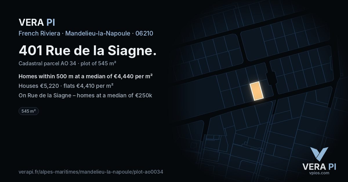 401 Rue de la Siagne, Mandelieu-la-Napoule at night – the plot lit, the parcels around coloured by the prices near them