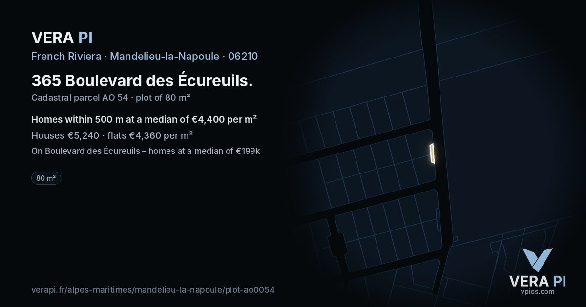 365 Boulevard des Écureuils, Mandelieu-la-Napoule at night – the plot lit, the parcels around coloured by the prices near them