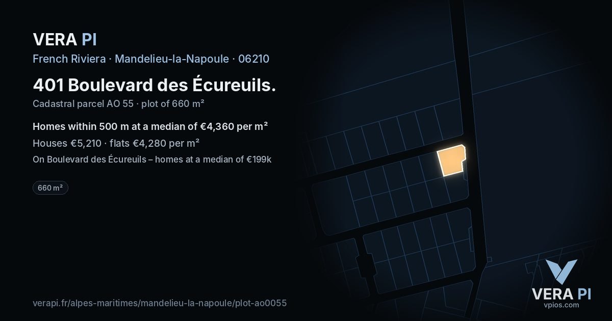 401 Boulevard des Écureuils, Mandelieu-la-Napoule at night – the plot lit, the parcels around coloured by the prices near them