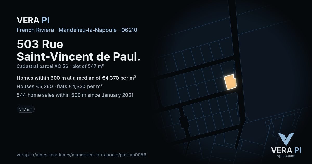 503 Rue Saint-Vincent de Paul, Mandelieu-la-Napoule at night – the plot lit, the parcels around coloured by the prices near them