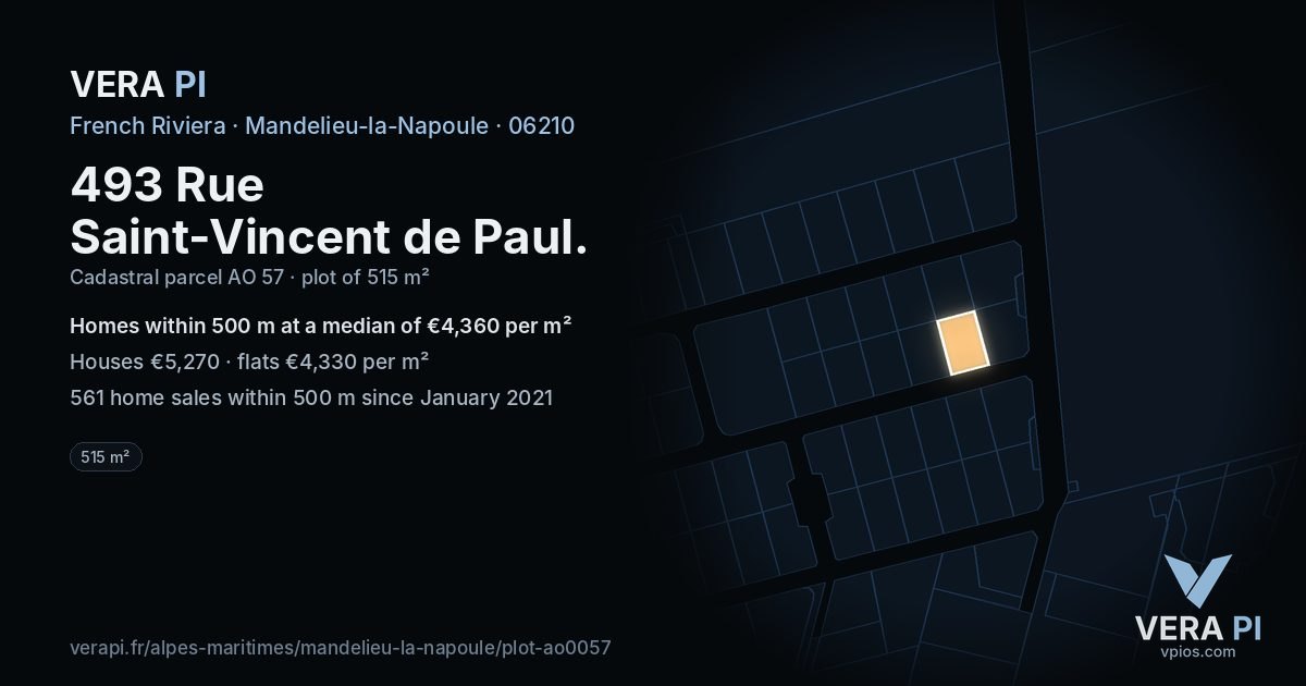 493 Rue Saint-Vincent de Paul, Mandelieu-la-Napoule at night – the plot lit, the parcels around coloured by the prices near them